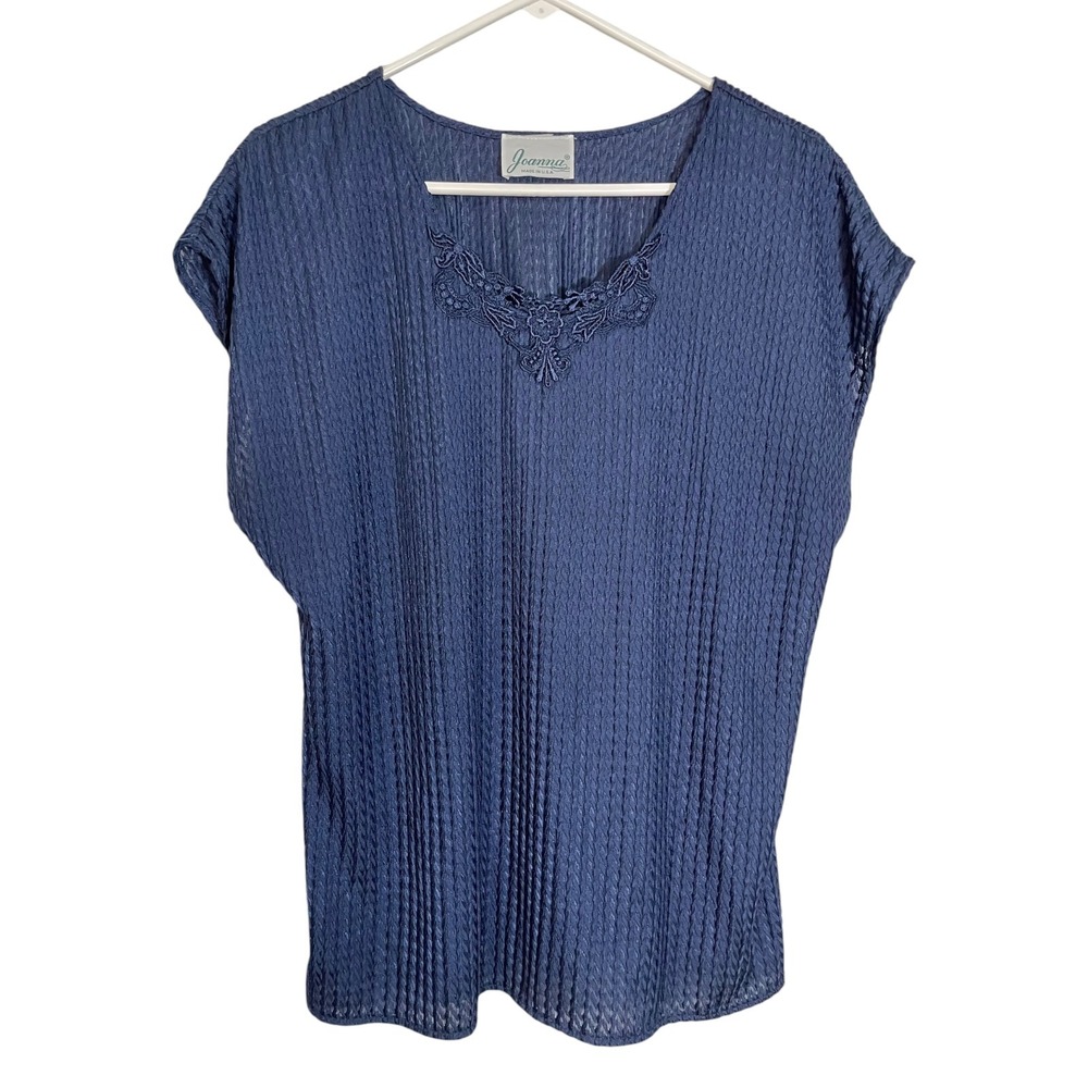 Joanna Large Navy Blue Blouse Lace Neck Textured Knit Vintage Grannycore